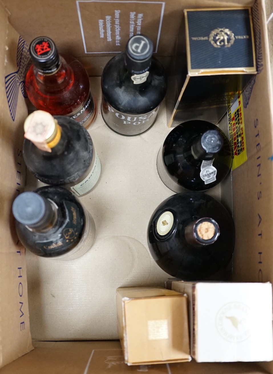 Nine bottles of selected spirits and port; to include Pousada Port, Whyte & Mackay scotch whisky, Courvoisier, Johnnie Walker Black Label scotch whisky and others (9)